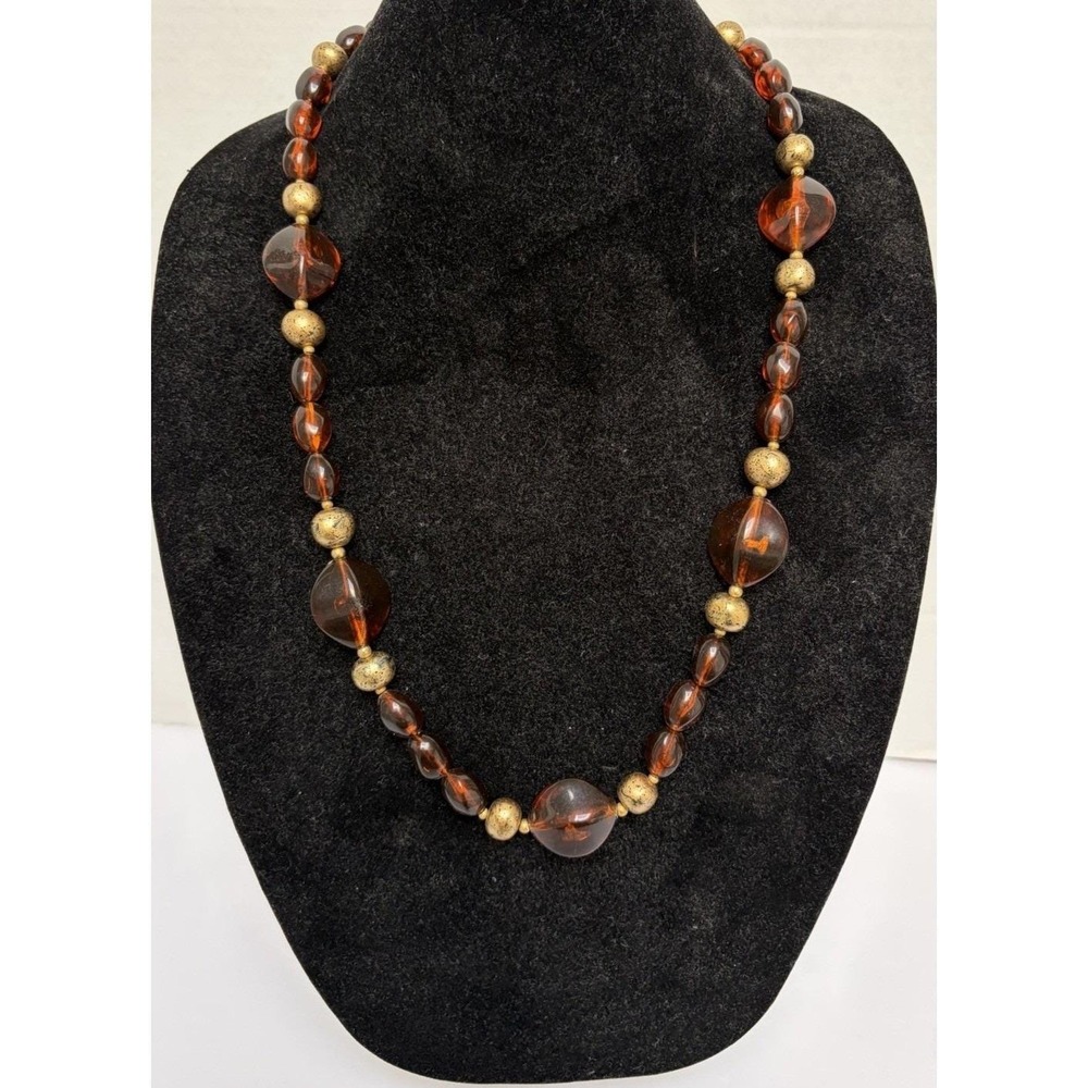 NWT Vintage Amber Colored Beaded Necklace Gold Balls